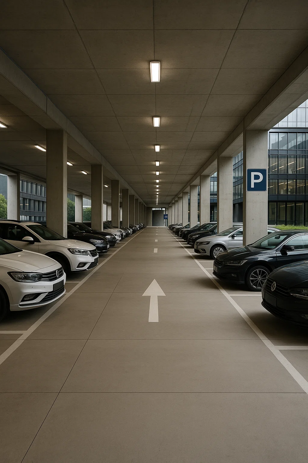 Række af parkerede biler i overdækket parkeringsområde ved kontorbygning med tydelig skiltning og markerede parkeringspladser.