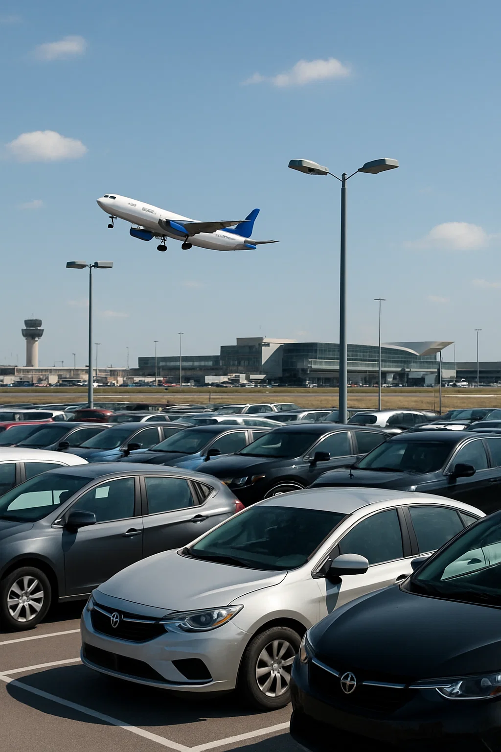 Et passagerfly er ved at lette fra en lufthavn med terminalbygning og kontroltårn i baggrunden. Foran ses en stor parkeringsplads fyldt med biler under en klar blå himmel.