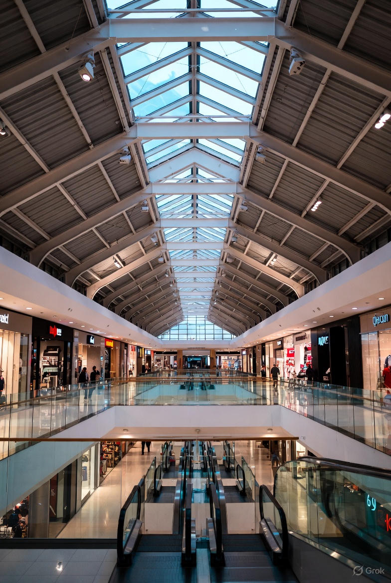 Et stort, lyst indkøbscenter set ovenfra med flere etager, rulletrapper i midten og et højt glasloft, der slipper naturligt dagslys ind. Langs siderne ses butiksfacader og gående mennesker med indkøbsposer.